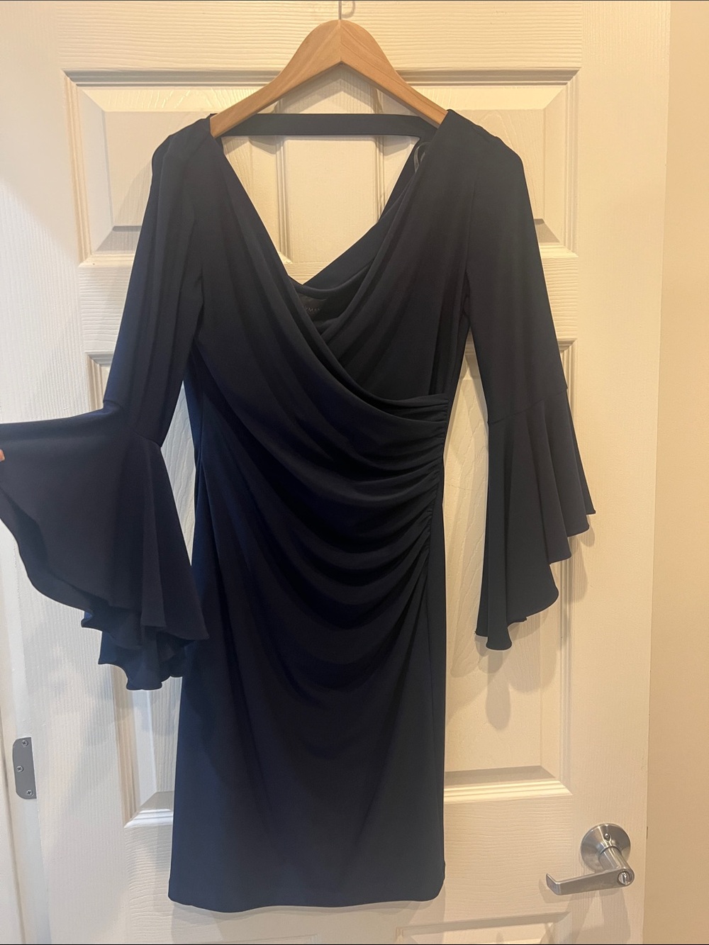 Frank Lyman Design Navy Blue Draped V-Neck Dress with Tiered Bell Sleeves